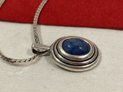 Vintage 925 Sterling Silver Signed Blue Agate Pendant & Chain Necklace 17.75”