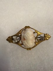 #61 – Antique Cameo Portrait Brooch – Gold-Tone Filigree – Victorian Style