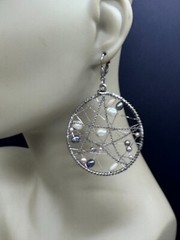 ESTATE SILVER TONE FAUX PEARL DREAM CATCHER LOOP HOOP WIRE DANGLE EARRINGS