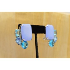 Vintage Cabochon Clip On Earrings Multi Blue Rhinestone Crystal Bezel 1980s W5