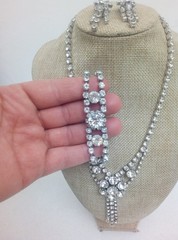Vtg Luxury Rhinestone jewelry set Statement Crystal Silver Clasp Bib Tone Clear