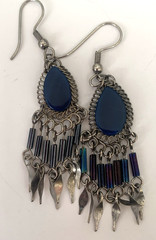 Vintage Peruvian Alpaca Metal Necklace & Pierced Earring Set Dangles Blue Stone