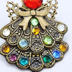 Angel Double Skirt Rhinestone Filled Filigree Wings Gold Tone Pin Lapel Family