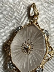 14K Solid Gold Art Deco Camphor Glass Diamond Filigree Pendant Brooch Pin 1.5″