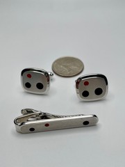 Vintage Speidel Mod Atomic Red Black Dot Silver Tone Cufflink Tie Clip Set
