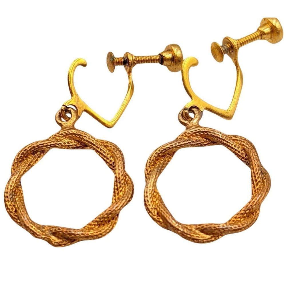 Vtg Gold Tone Twisted Hoop Clip Earrings Retro Heart Screw Back Dangle