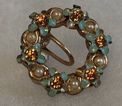 Vintage Blue Enamel Flower & Pearl Wreath Pin / Pendant and Earrings