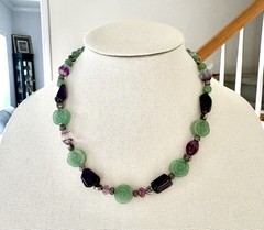 Vintage Carved Jade Rose And Amethyst Quartz Necklace Balance Wellness Luck