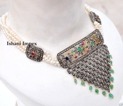 Necklace Natural Rosecut Diamond , Emerald Ruby Sapphire 925 Sterling Silver