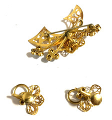 Vintage Brooch & Earrings Set Gold & Blue