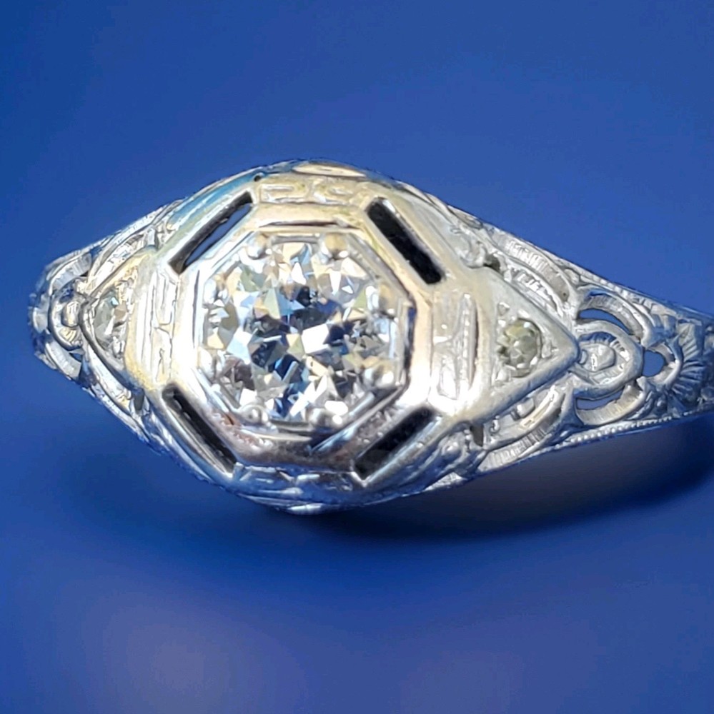 Original EARTH MINED DIAMOND Deco Engagement Ring 18K WHITE GOLD Solitaire S 6