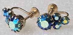 Vintage Purple Blue Aurora Borealis Rhinestones Brass Screw Back Earrings