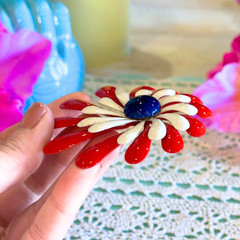 Vintage Red White Blue Enamel Flower Brooch Mid Century Atomic Starburst Pin