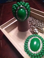 Green Oval Chabacon, Bead, & Rhinestone Statement Ring & Pendant On 22″ Goldtone