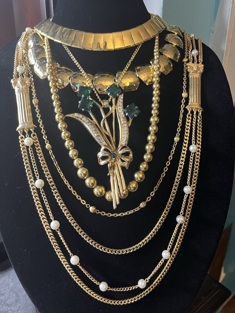 1980’s Chic Runway Statement Gold Tone 6pc Necklace Lot Green rhinestone Chunky