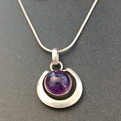 Sterling Silver Minimalist Necklace Modernist Solid Purple Stone Men Women VTG