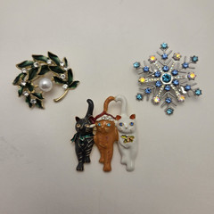 Christmas Brooch & Pendant Set • Snowflake, Cat Stack, Holiday Wreath Trio
