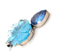 Vintage Carved Blue Topaz Flower Sterling Silver 925 Large Pendant Necklace