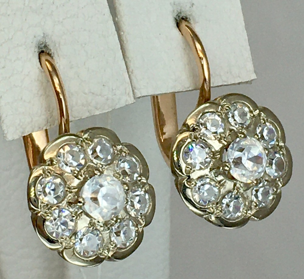 Vintage Original Rose & White Gold Cubic Zirconia Earrings 585 14K 7.36 g. 1990s