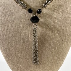Vintage Tassel Necklace Silver-Tone Black Bead Elegant Art Deco Style Jewelry