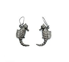 Antique Art Nouveau Silver Pewter Figural Seahorse Dangle Earrings