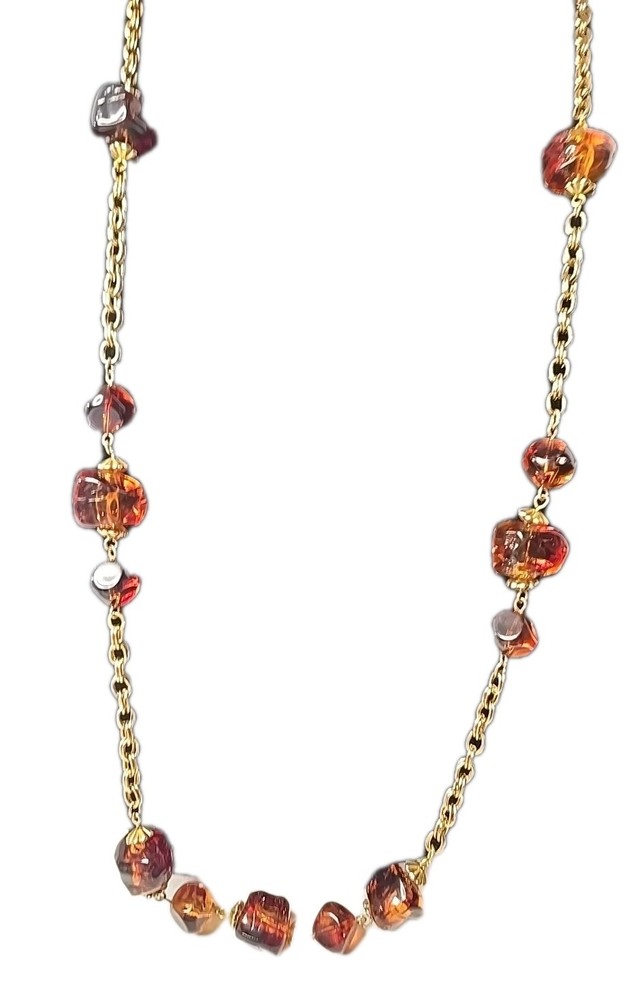 Chunky Vintage Genuine Amber Beaded Necklace Strand 32 in. Glows Green