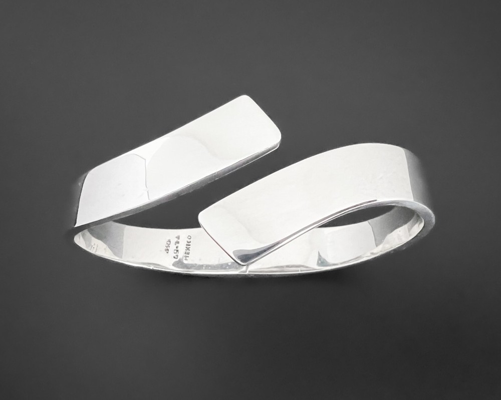 56g Hinged Modernist Heavy Vtg 950 Sterling Silver Curve Bar Chunky Bracelet