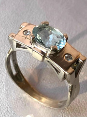 VINTAGE 14K WHITE GOLD AQUAMARINE DIAMOND RING MODERNIST DESIGNER SETTING ITALY
