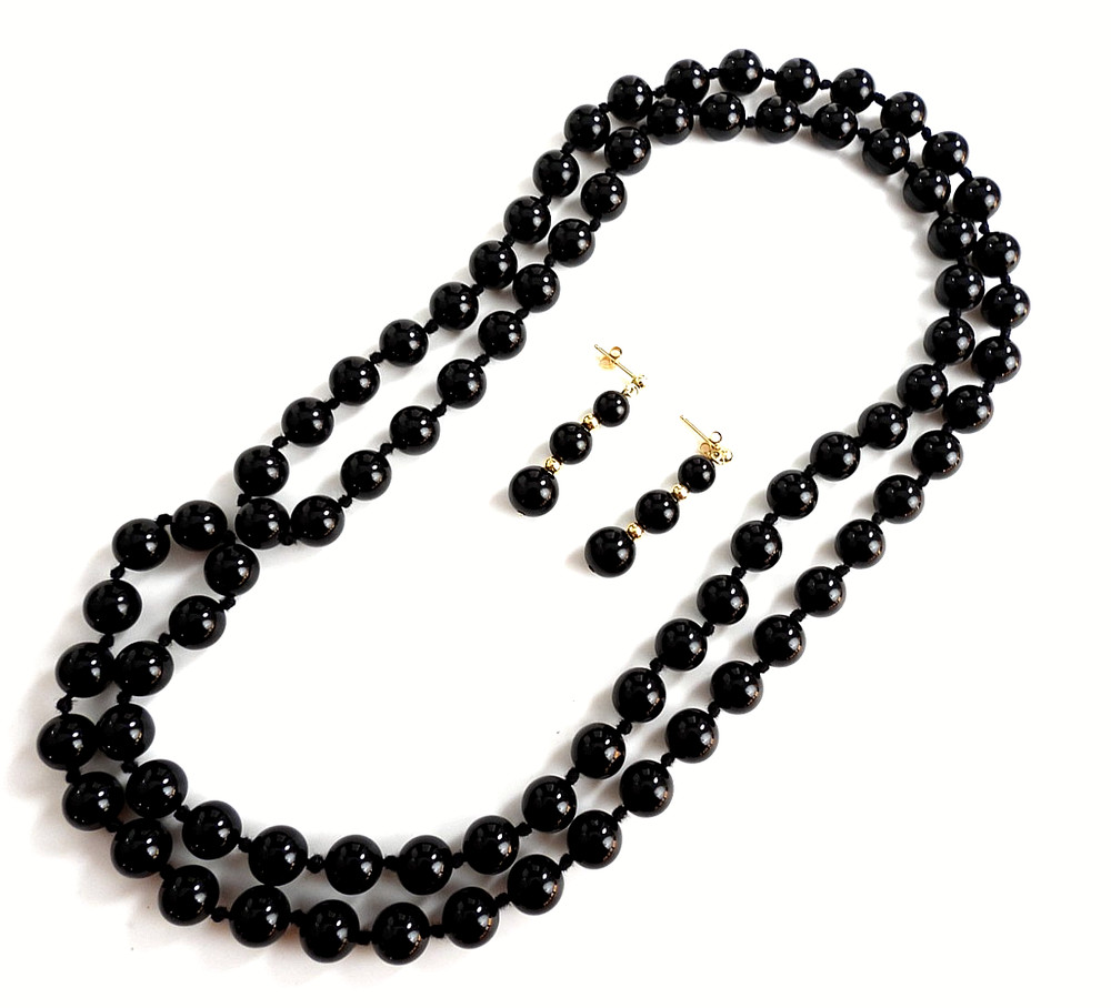 Vintage Set Onyx Necklace No Clasp 14K Y Gold Earrings Beaded Hand Knotted Lot