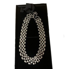 LANVIN Collection Necklace Silver Tone Multi Strand Ribbon Tie Chain Box