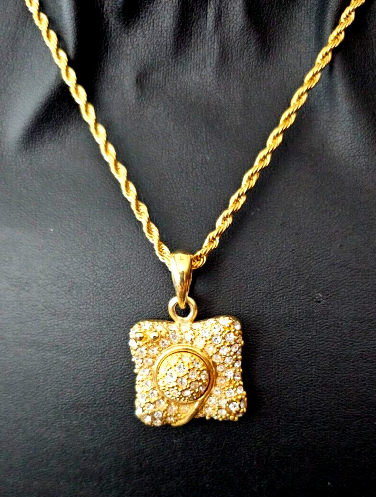 Gold tone Rhinestone Pendant Rope Chain Necklace 22″