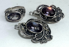 Vintage 1974 Soviet Silver 875 Set Alexandrite Color Change Filigree Kharkiv 4ХЮ