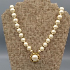 CAROL LEE Faux Chunky Pearl Double Strand Choker Necklace Pendant Gold Toned 30″