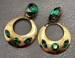 Massive Huge 80s Runway Vintage Green Crystal Dangle Hoop Statement Earrings