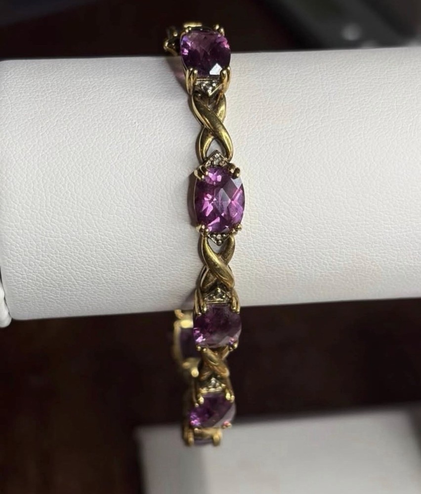 925 Sterling Silver Gold Plated Purple Gemstone Tennis Bracelet Vintage Style