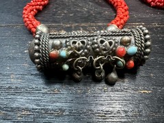 Vintage Nepal Prayer Box Necklace, Himalayan Ghau Amulet Pendant with Red Glass