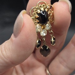 Gold Tone Black Oval Glass Brooch Pin & Matching Clip-On Earrings Jewelry Set