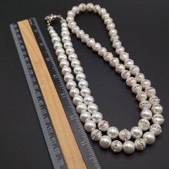 Handcrafted Freshwater Pearl Rhinestone Necklace 32” Long Statement Strand