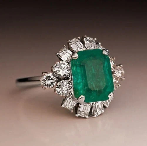 5.30 Ct Emerald Cut Natural Green Emerald Art Deco Vintage Engagement Ring
