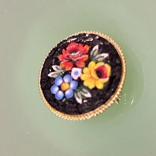 Mosaic Brooch Floral Vintage Black Red Yellow Blue White Green