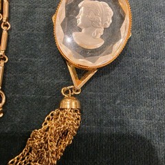 Vintage Reed Barton Glass Cameo Intaglio Tassel Pendant Necklace Gold Tone W Box