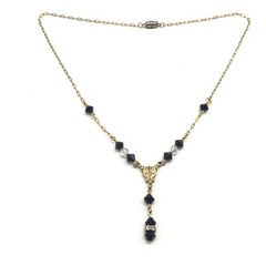 Vintage Gold Tone Jet Black & Clear AB Crystal Beaded Lariat Dangle Necklace 17″
