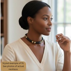 Vintage Boho Statement Choker Necklace 15.5in Black Tube Beads Gold Artisan