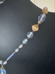 Antique Art Deco Blue Czech Glass Teardrop Necklace 21” Brass Filigree 1920s