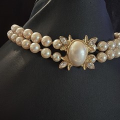 Vintage Marvella Pearl Double Strand Rhinestone Choker Necklace w/original tag