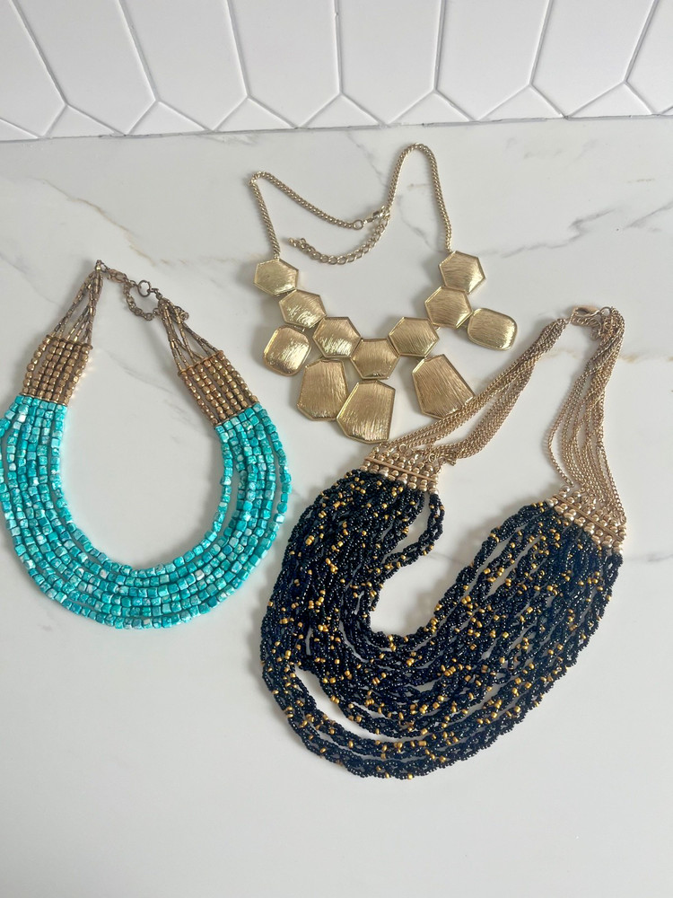 VNT Lot of 3 Statement Necklaces Chunky Beaded Layered Bib Black Torquise Gold T