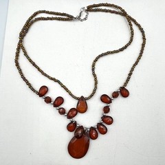 VTG Boho Amber Toned Double Strand Beaded Statement Necklace Retro Earthy Chic