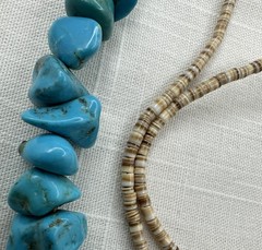 Old Pawn Kewa Sleeping Beauty Turquoise Nugget Olive Heshi Shell 24″ Necklace