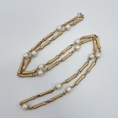 Vintage Faux Pearl Brush Gold Tone Necklace Unique Chain 30″