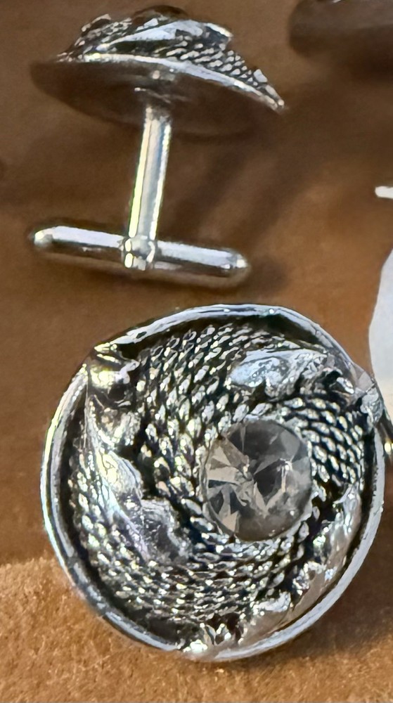 Vintage Silver Tone Bullet Back Round Cufflinks Clear Stone